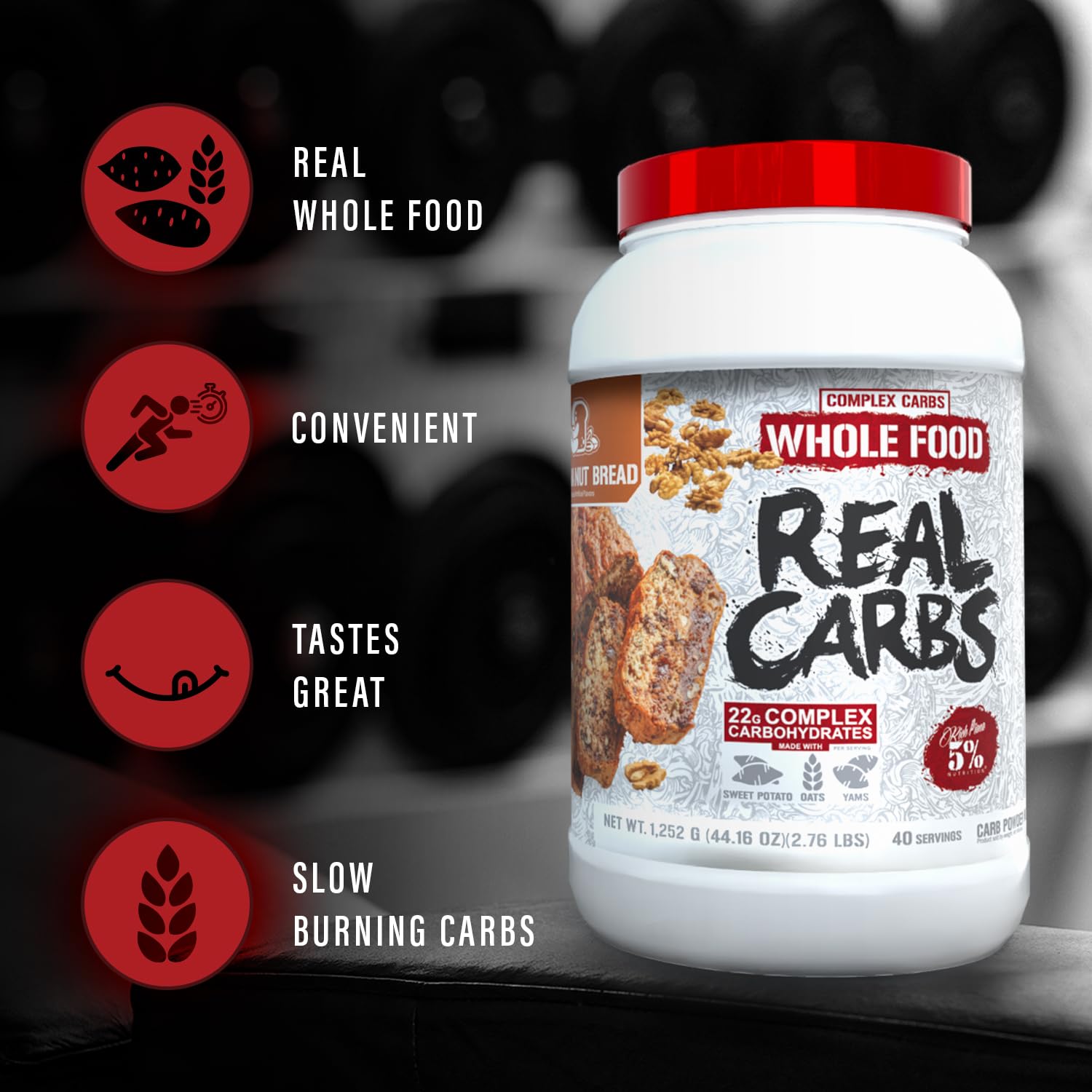 5% Nutrition Rich Piana Real Carbs Banana Nut Bread serving size for post-workout recovery