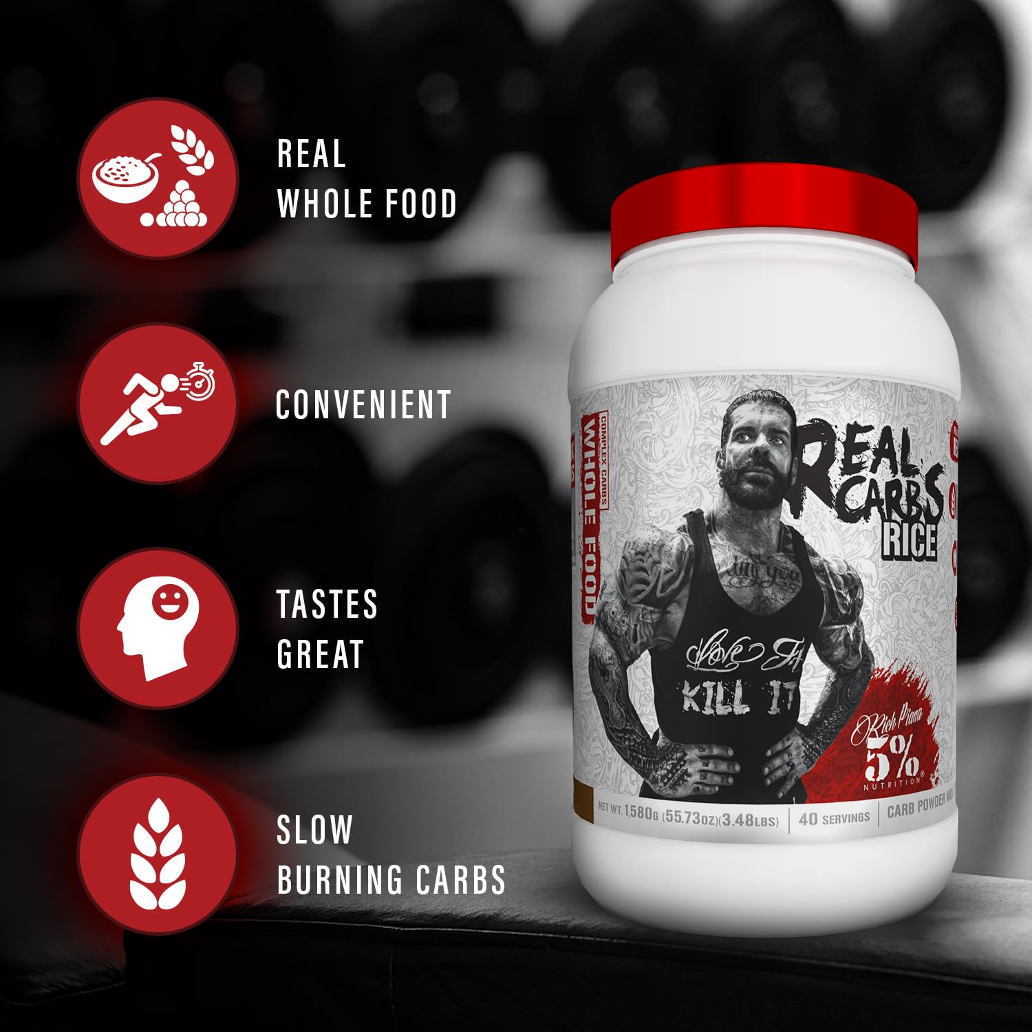 5% Nutrition Rich Piana Real Carbs measuring cup showing precise serving portions