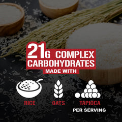 5% Nutrition Rich Piana Real Carbs tub open with spoon for quick pre/post-workout fuel