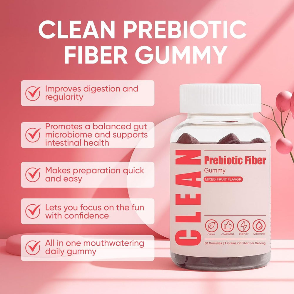 6525080 Clean Prebiotic Fiber Gummy bottle back highlights vegan, non-GMO ingredients.
