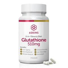 6SKINS 6in1 Beauty Elixir bottle showcasing premium liposomal glutathione for skin vitality.