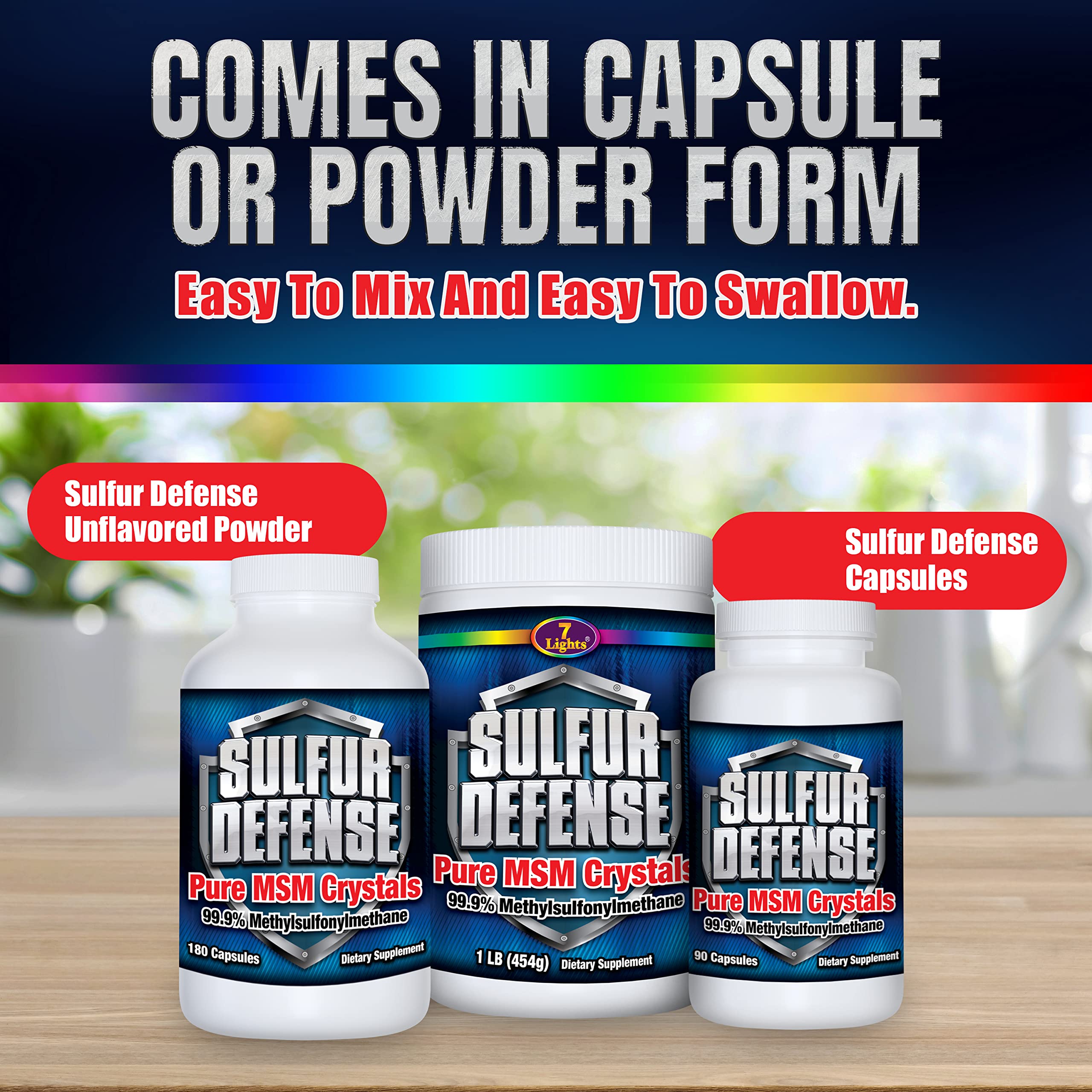 7 Lights Sulfur Defense Opti-MSM bottle pour—easy dosing with a clean, quick shake.