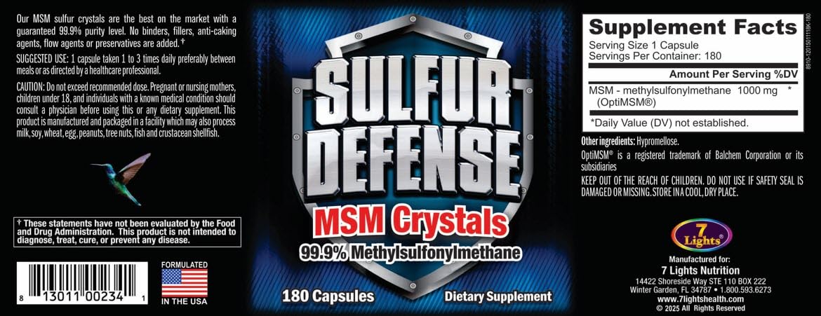 7 Lights Sulfur Defense Opti-MSM capsules—easy daily support for skin, hair, and nails.