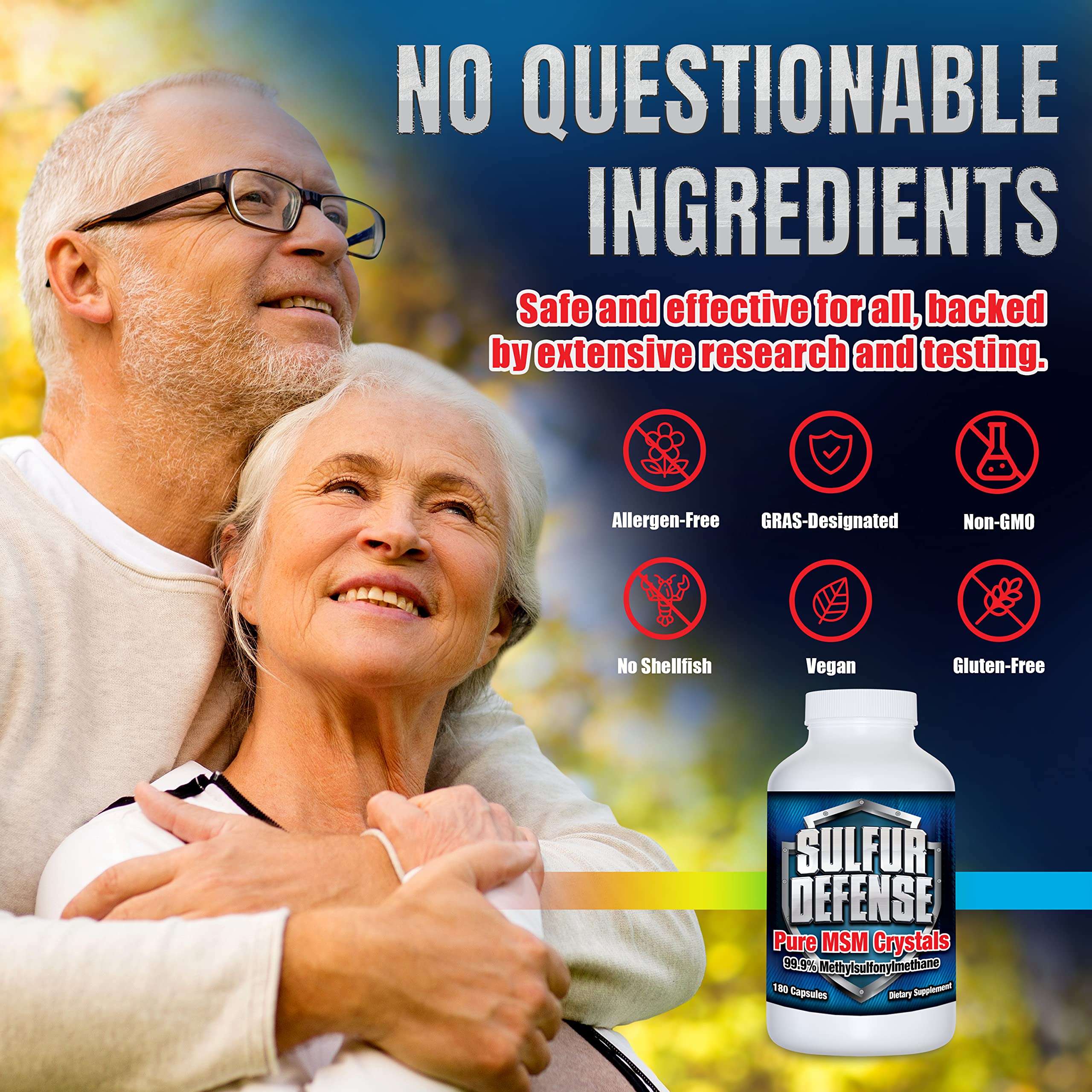 7 Lights Sulfur Defense Opti-MSM non-GMO badge—free from genetic modification and additives.