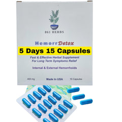 861 Herbs HemorrDetox capsules in amber bottle for natural relief.