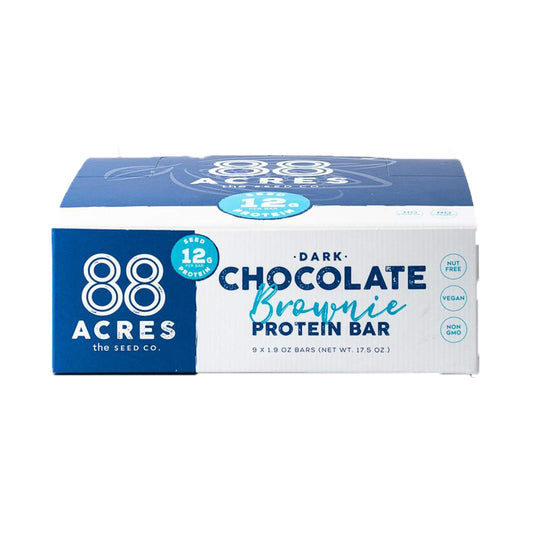 88 Acres dark chocolate brownie seed protein bar pack shot highlights a protein-packed, allergen-friendly snack