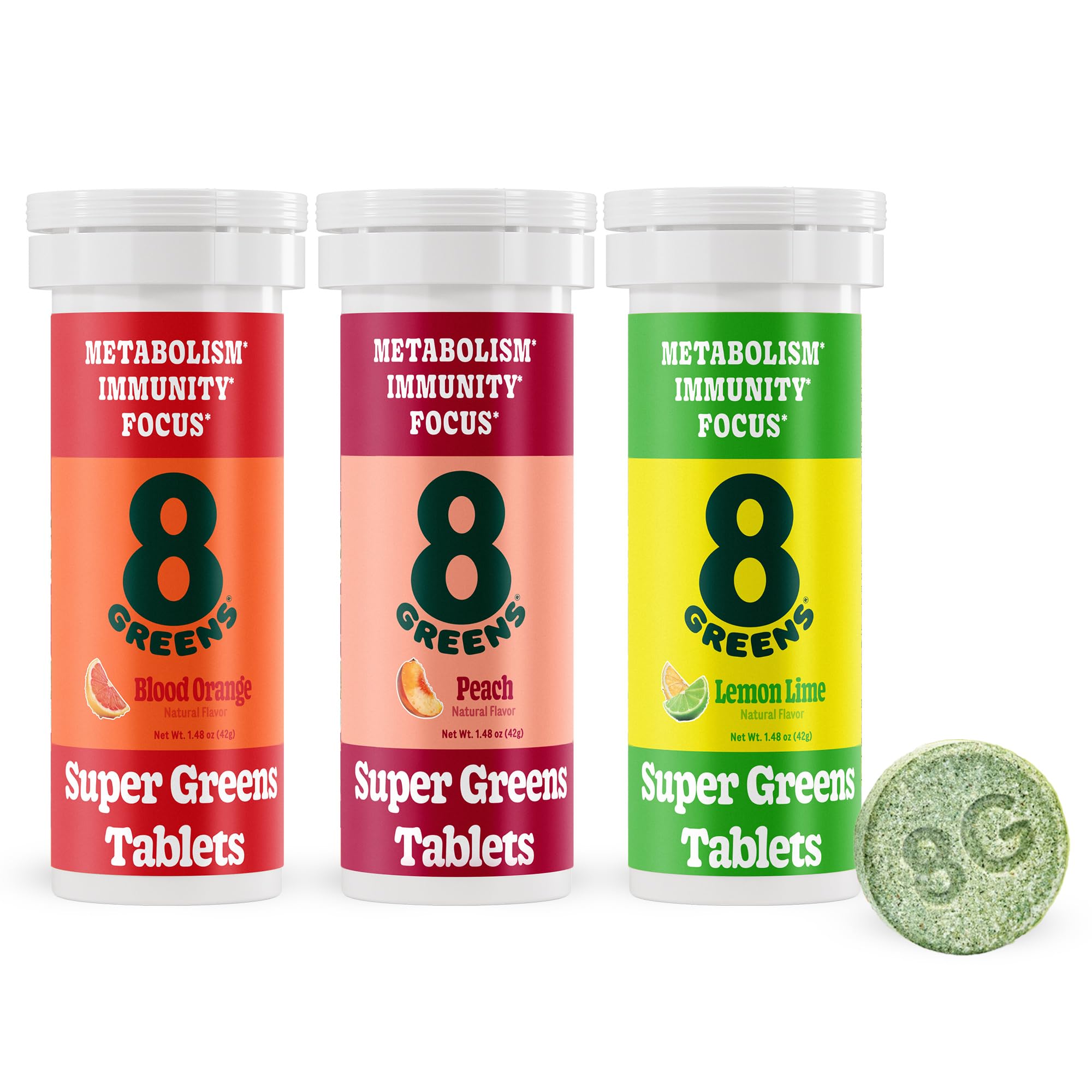 8Greens aloe vera and chlorella tablet showcasing vegan, non-GMO ingredients