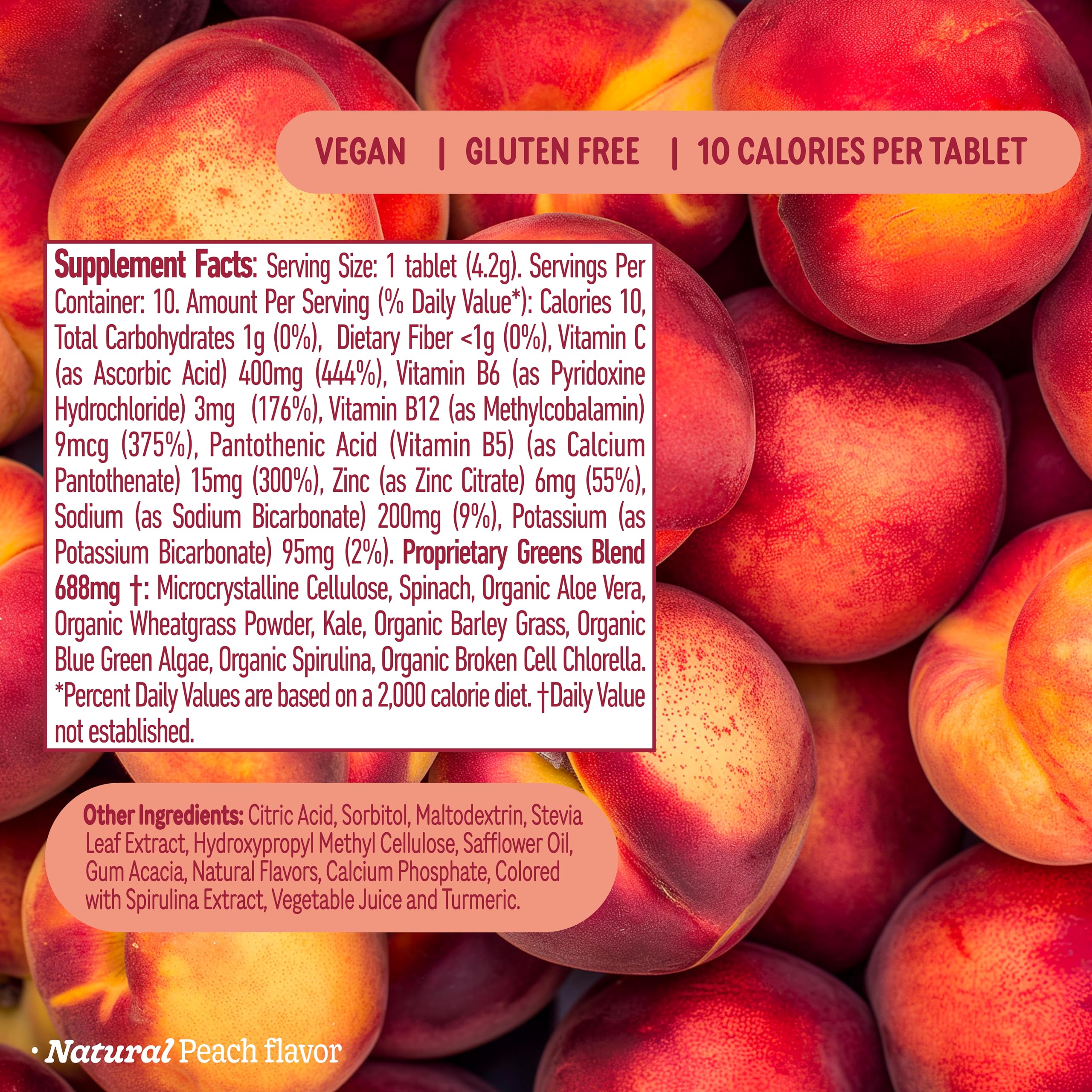 8Greens Peach flavor tablets closeup, inviting daily energy