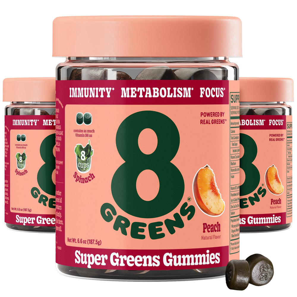 8Greens peach gummies packaging suitable for on-the-go daily greens