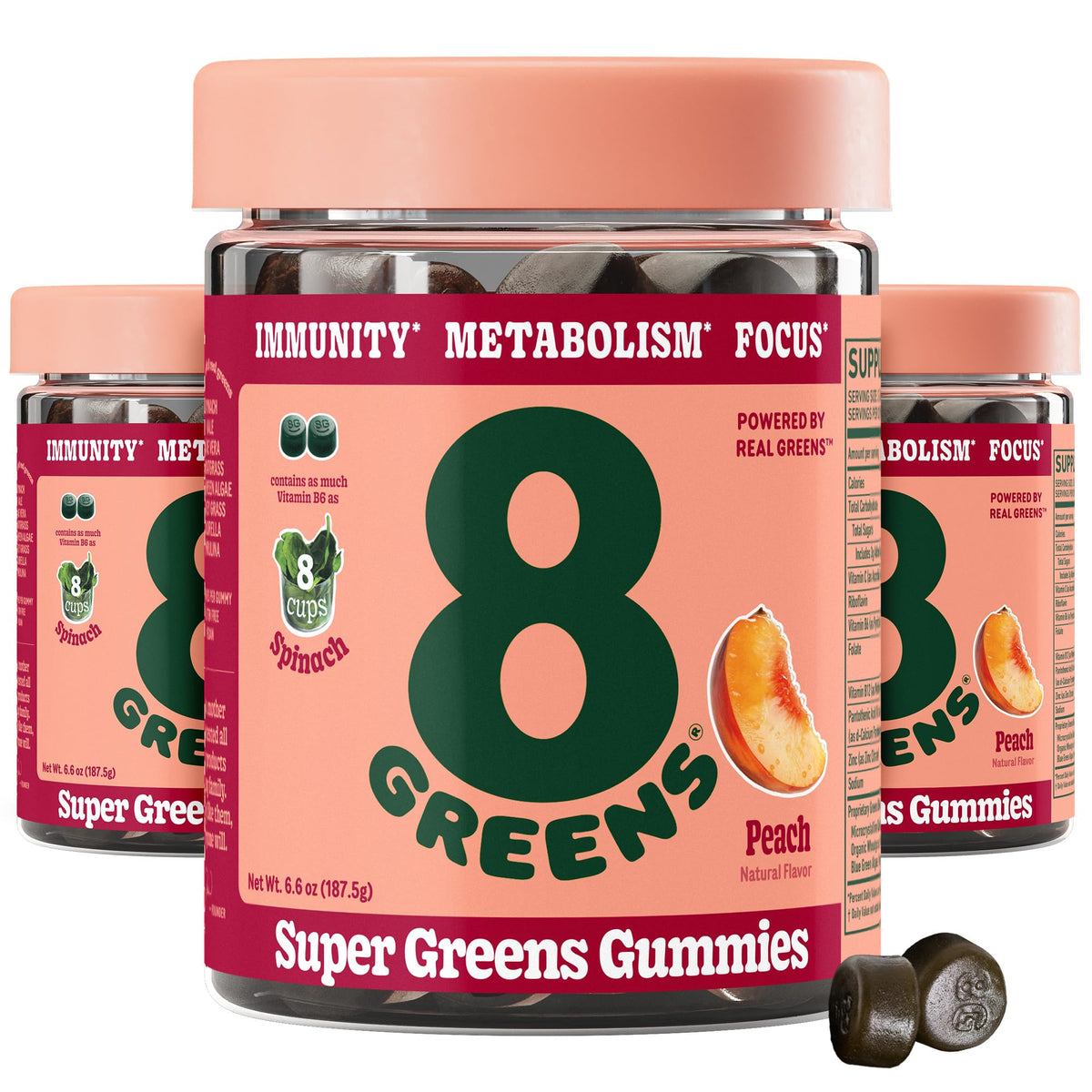 8Greens peach gummies packaging suitable for on-the-go daily greens