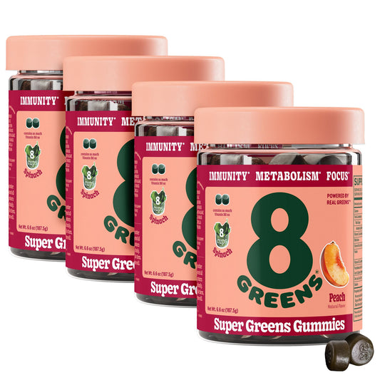 8Greens Supergreens Gummies bottle front, convenient daily greens on the go