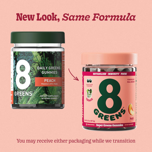 8Greens Supergreens Gummies closeup, Peach flavor makes daily greens enjoyable