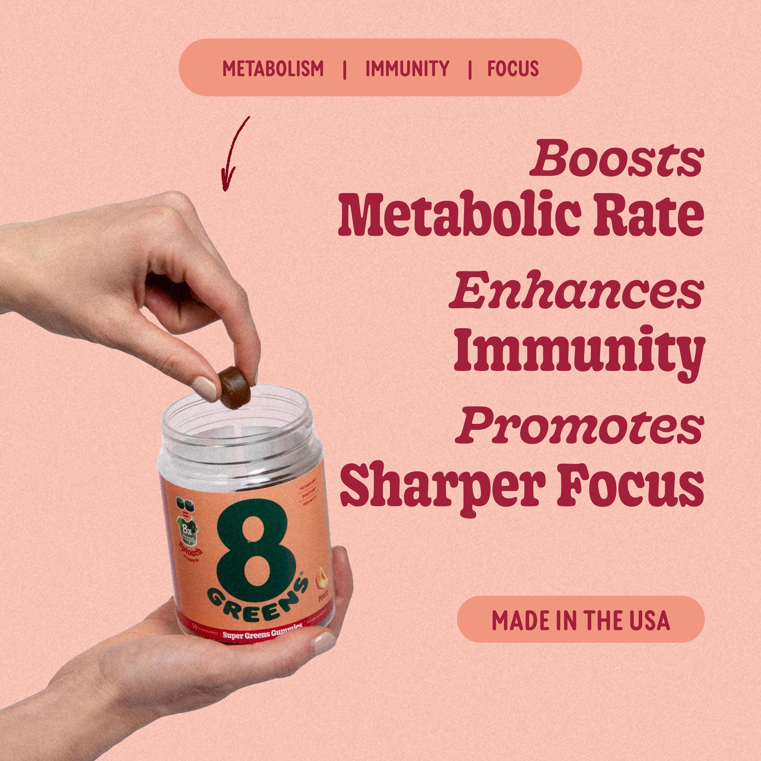 8Greens Supergreens Gummies ingredients include spinach, wheatgrass and spirulina