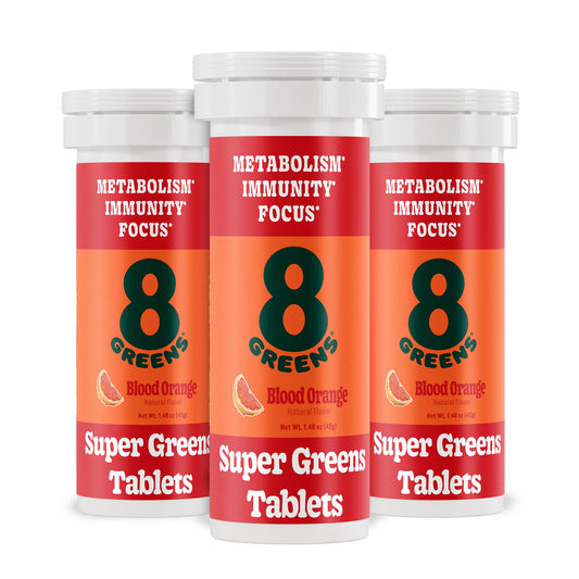 8Greens Supergreens tablets in a bottle for easy daily greens.