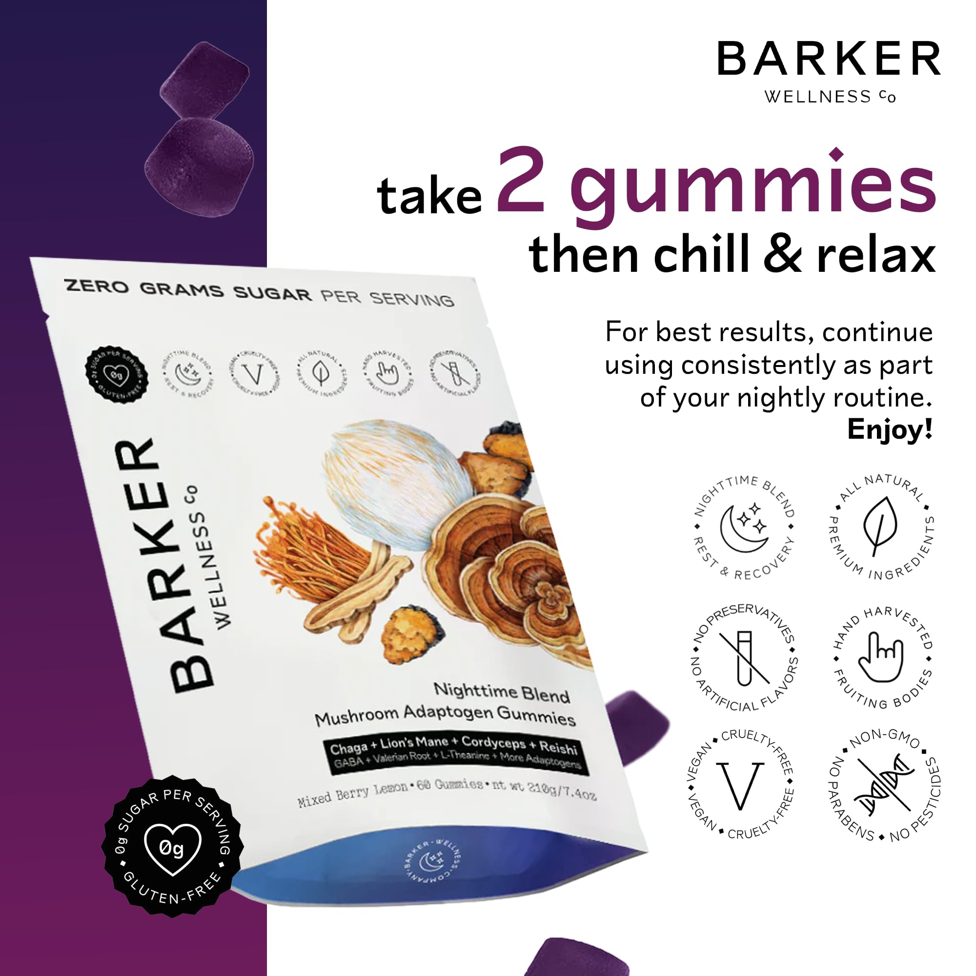 Barker Wellness Nighttime gummies close-up emphasizing vegan sugar-free composition for evening use.