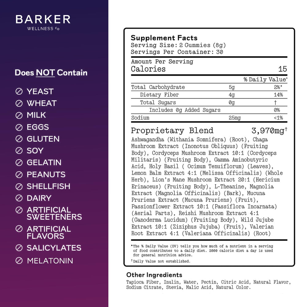 Barker Wellness Nighttime gummies on surface suggest convenient nightly ritual.