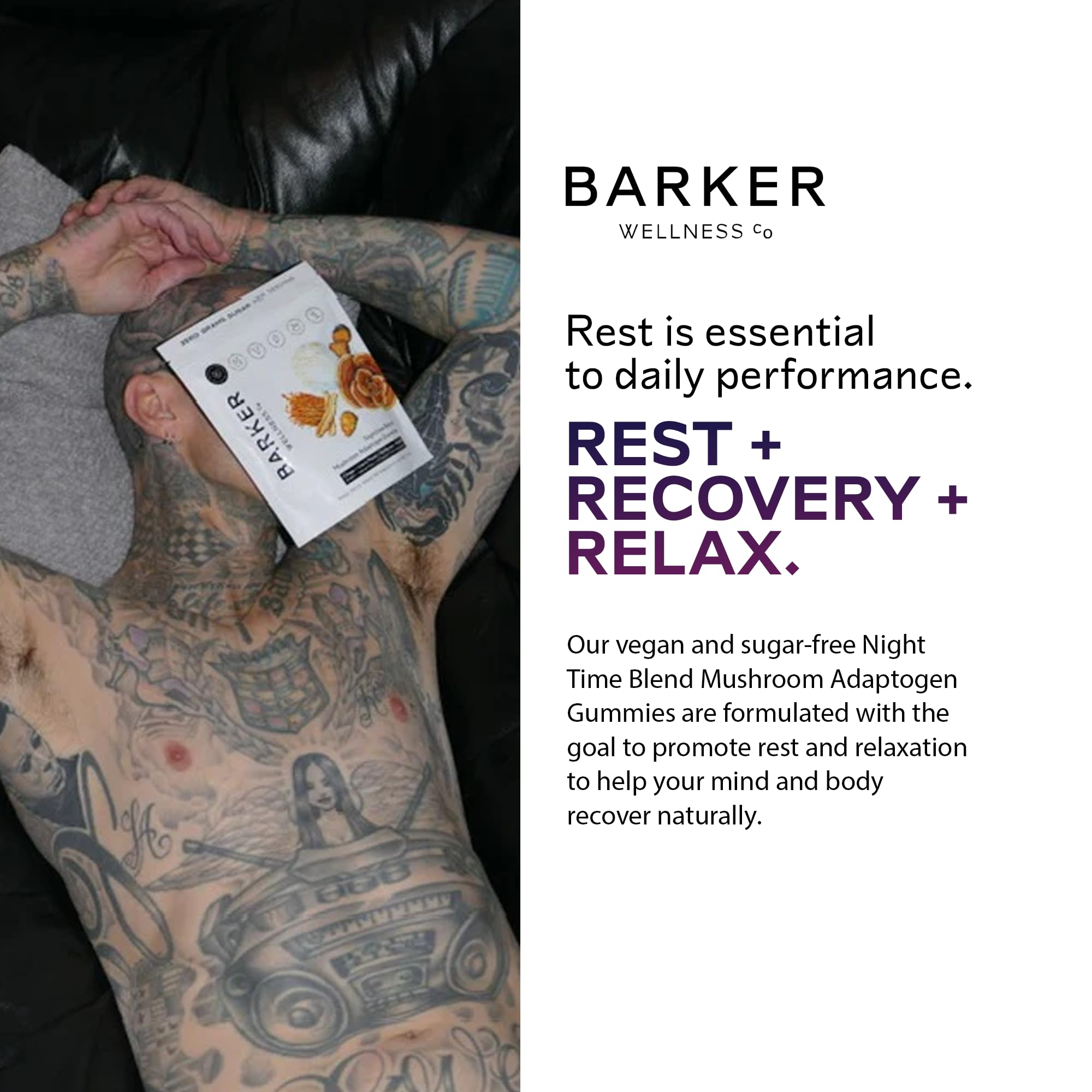 Barker Wellness Nighttime ingredient-list card highlighting lemon balm and valerian for relaxation.