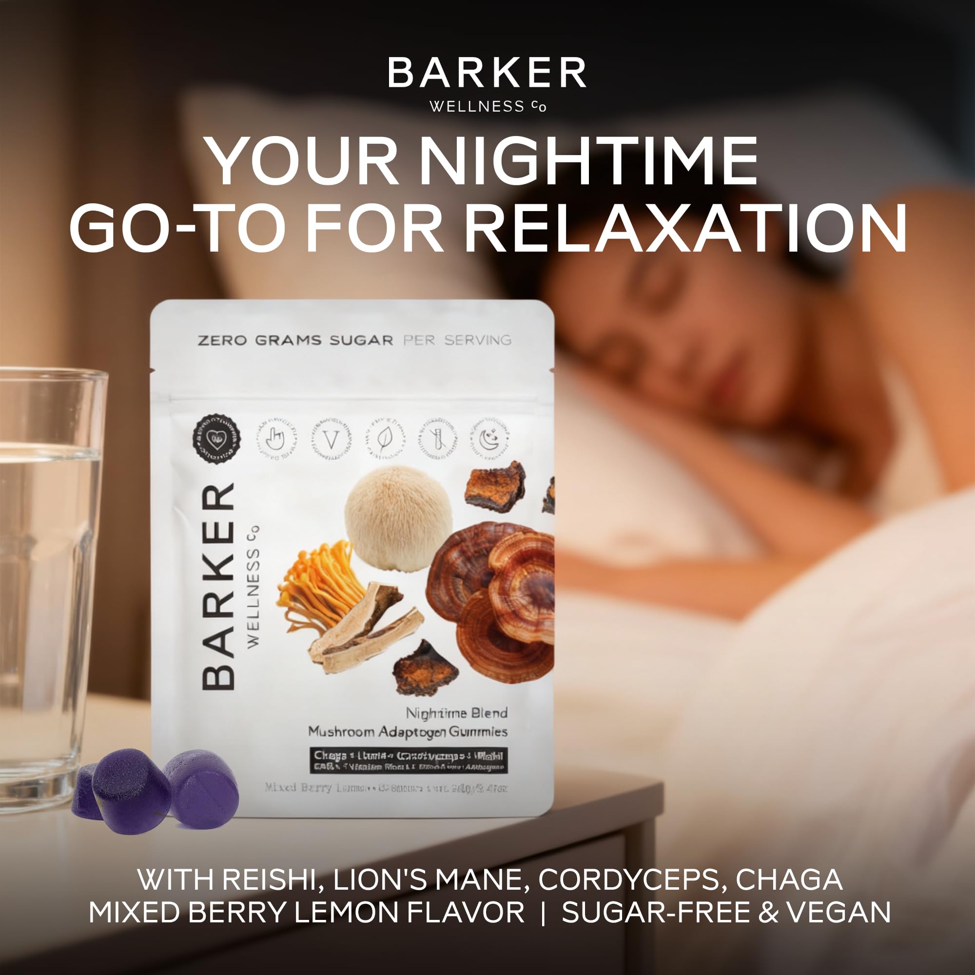 Barker Wellness Nighttime outer box packaging showcasing nature-forward adaptogen blend.