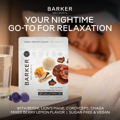 Barker Wellness Nighttime outer box packaging showcasing nature-forward adaptogen blend.