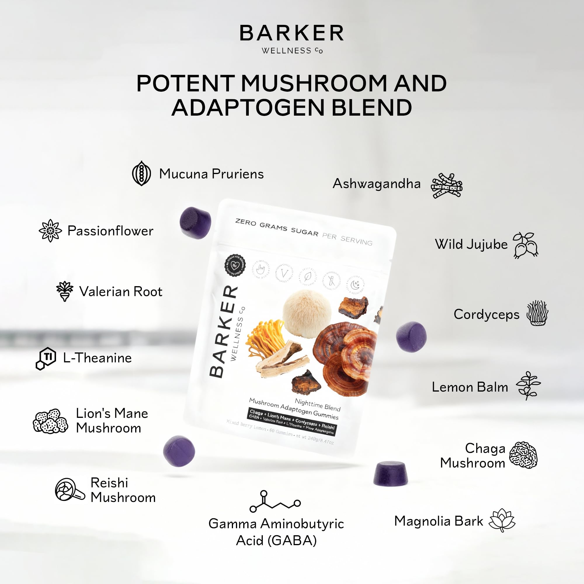 Barker Wellness Nighttime vegan-sugar-free gummies imply clean, non-GMO formulation.
