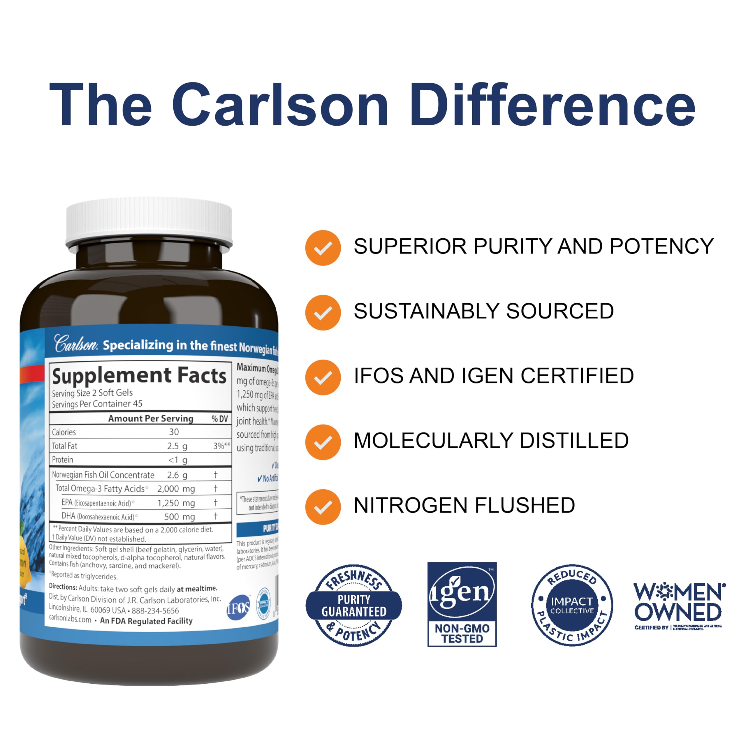 Close-up of Carlson Maximum Omega 2000 soft gels for daily support