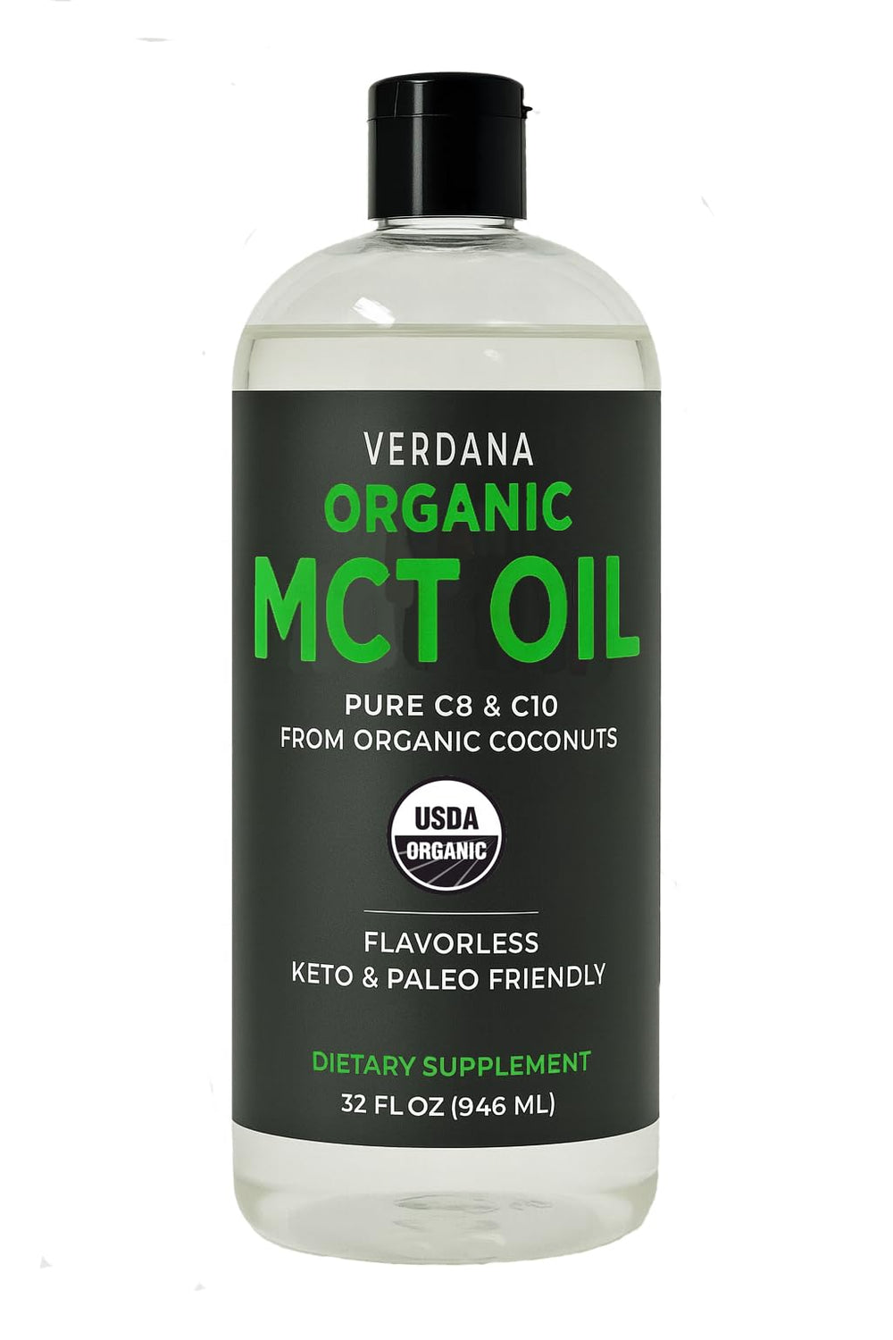Verdana Organic MCT Oil bottle front view showing pure coconut-derived MCTs