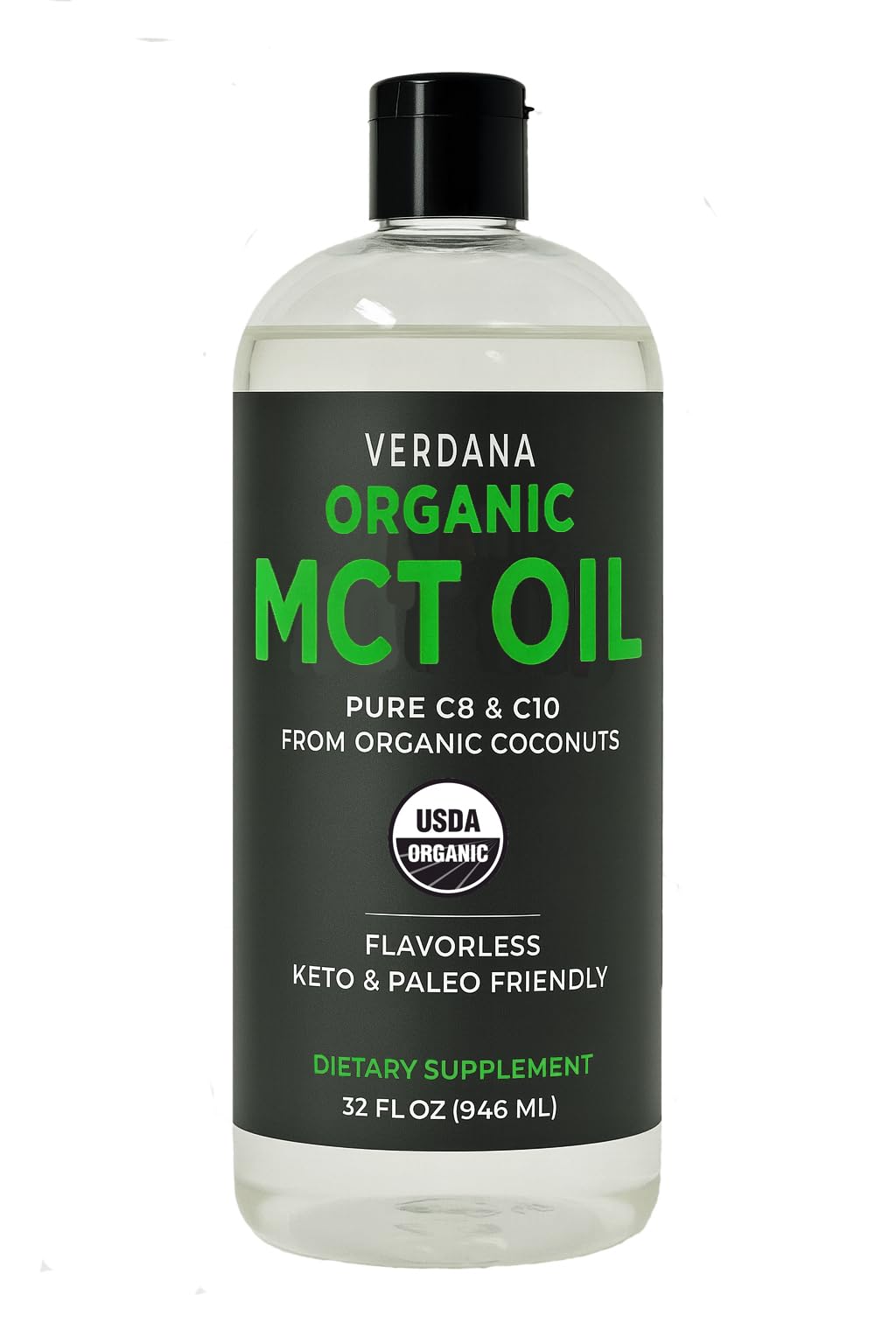 Verdana Organic MCT Oil bottle front view showing pure coconut-derived MCTs