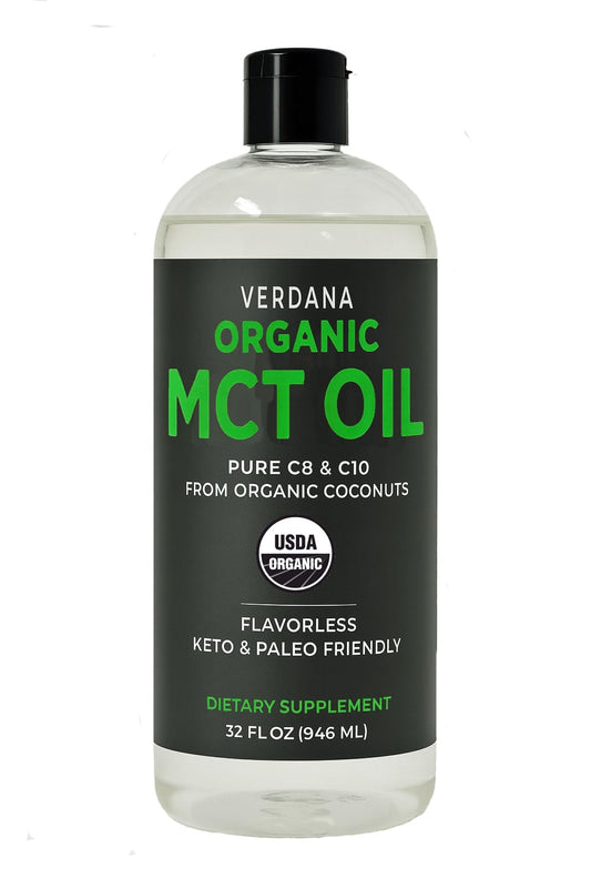 Verdana Organic MCT Oil bottle front view showing pure coconut-derived MCTs