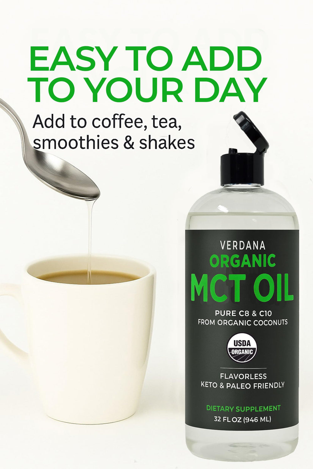 Verdana Organic MCT Oil blends into coffee for a neutral taste
