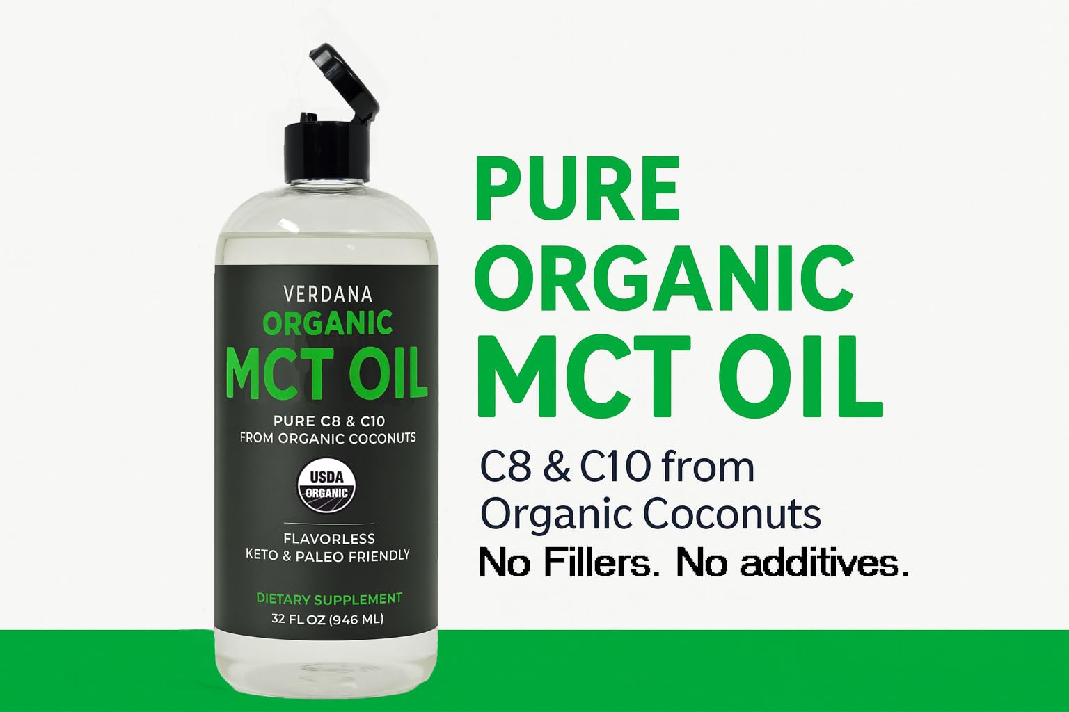 Pouring Verdana MCT Oil into a glass for a flavorless energy boost