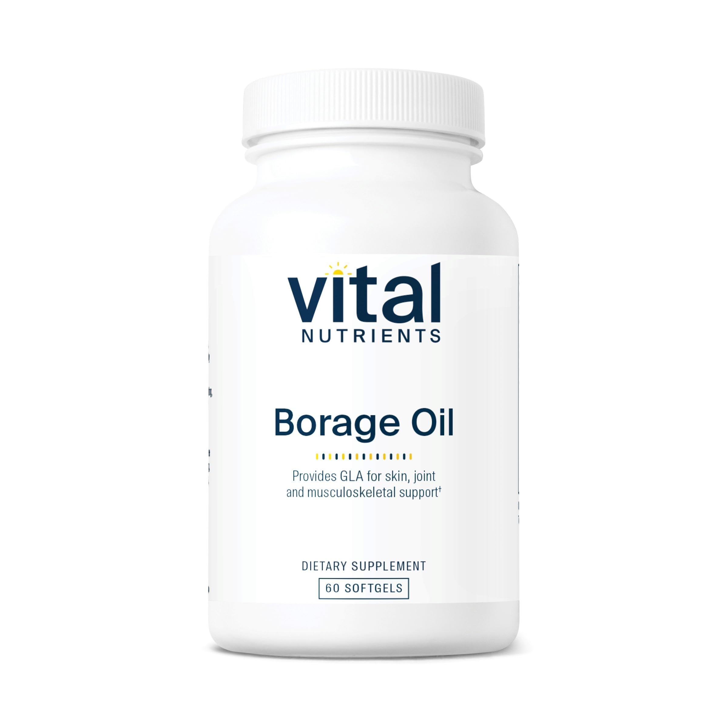 Vital Nutrients Borage Oil 1000mg bottle offering skin support and antioxidant potential.