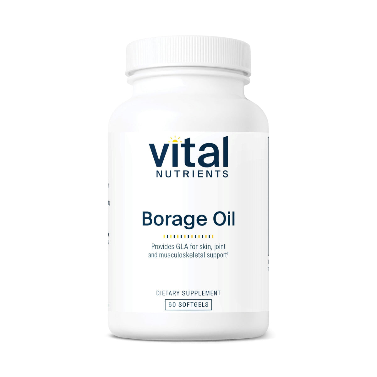 Vital Nutrients Borage Oil 1000mg bottle offering skin support and antioxidant potential.