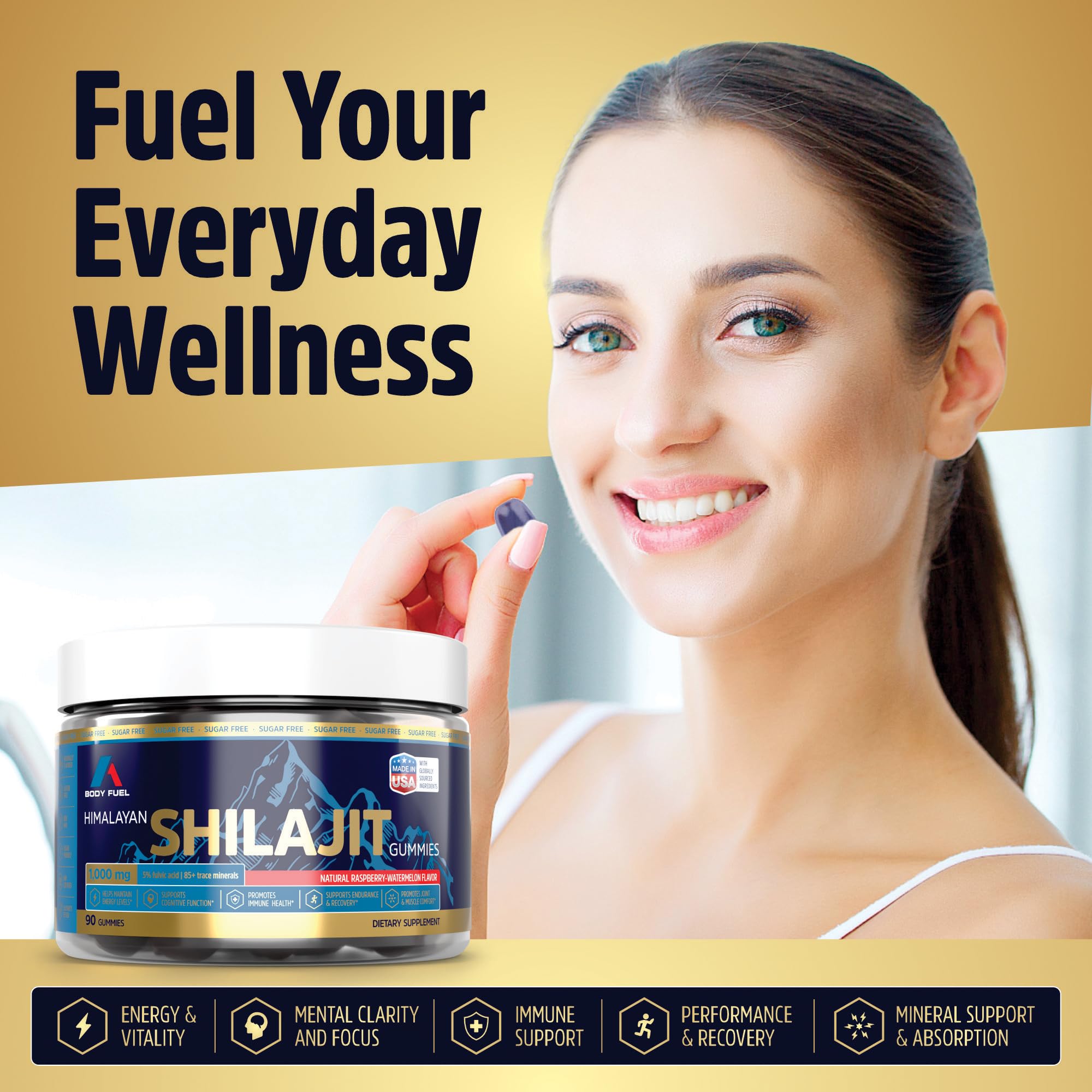 A1 Body Fuel Gummies fulvic acid visual for daily vitality.