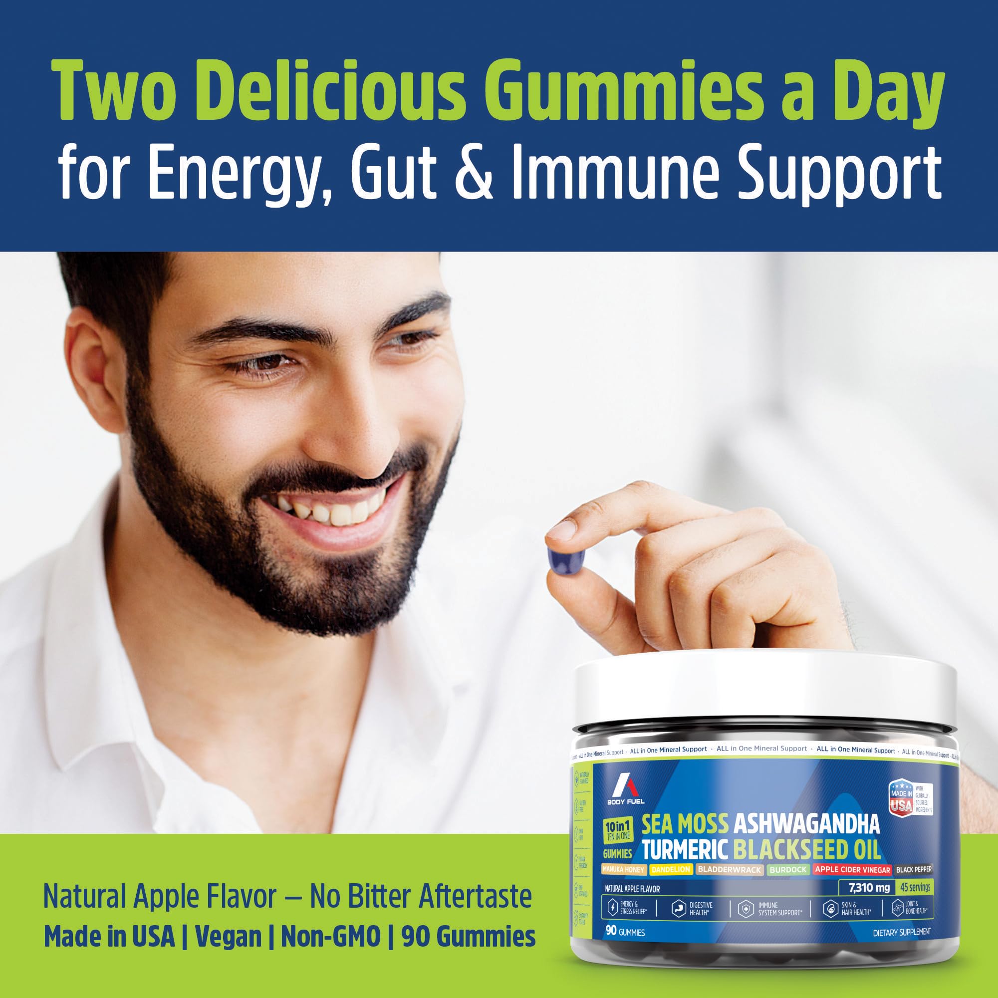 A1 Body Fuel Sea Moss Gummies plant-based label highlights vegan, non-GMO credentials.