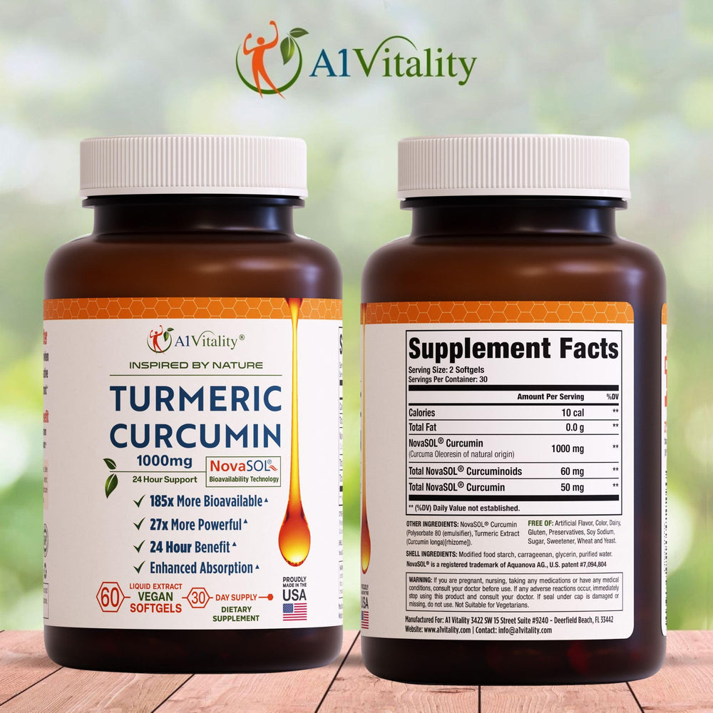 A1Vitality NovaSOL Turmeric capsules close-up, highlighting rapid absorption