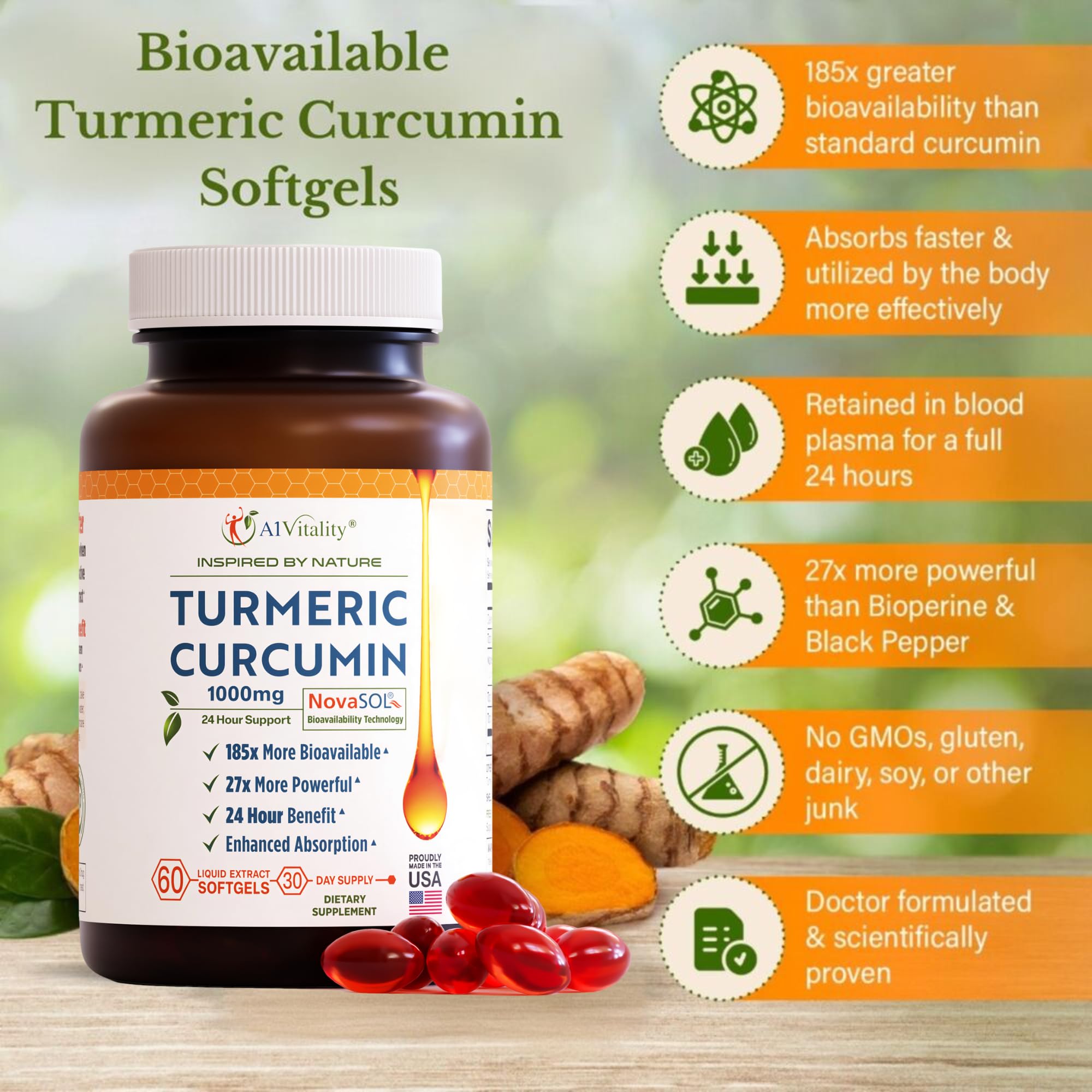 A1Vitality Turmeric packaging box and bottle, convenient product at a glance