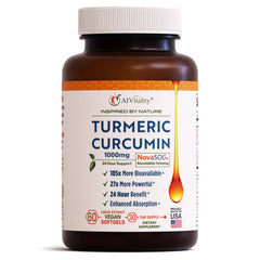 A1Vitality vegan turmeric curcumin NovaSOL bottle showing easy-to-swallow softgels.