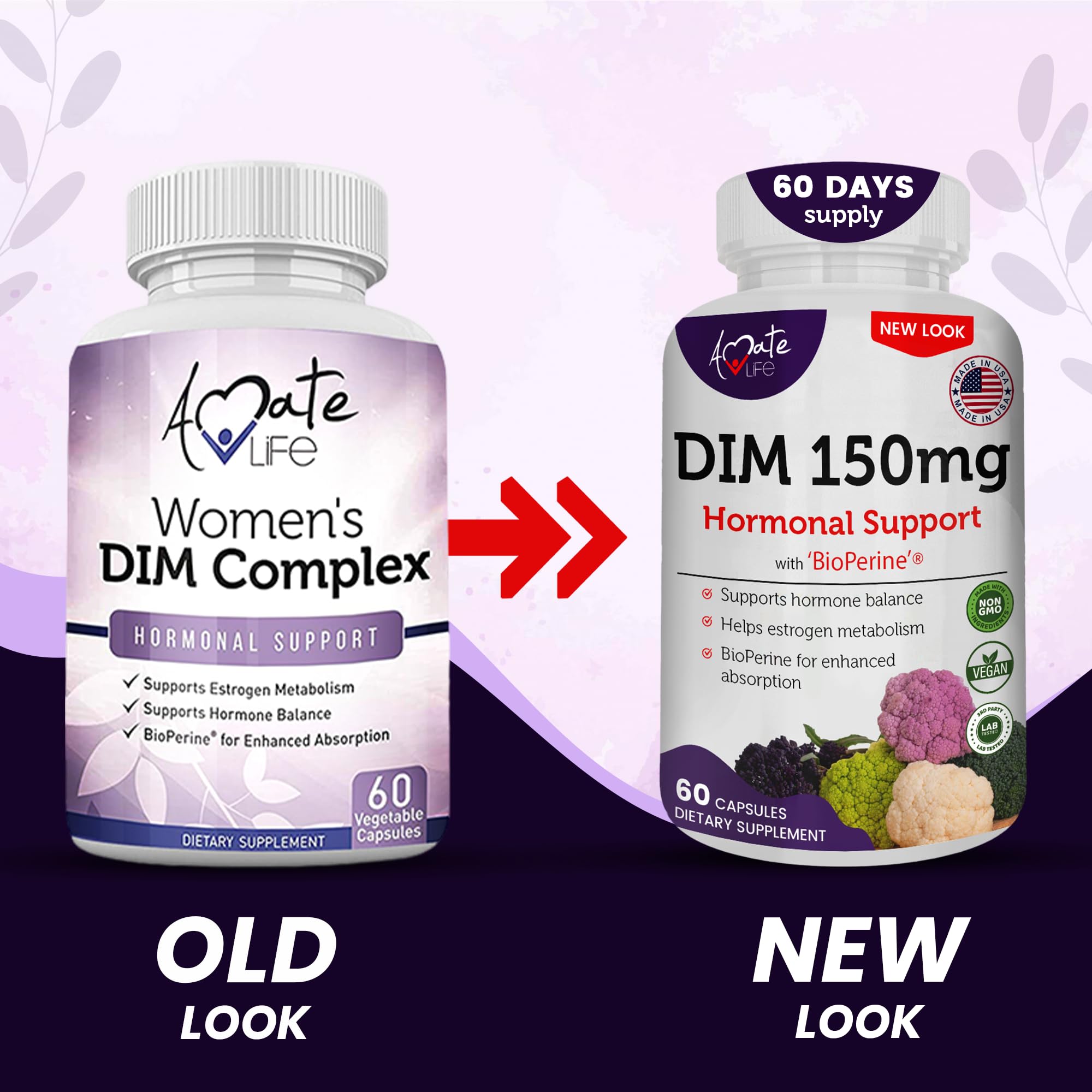 Aamatec Life DIM Complex bottle side view highlighting 150mg DIM per capsule.