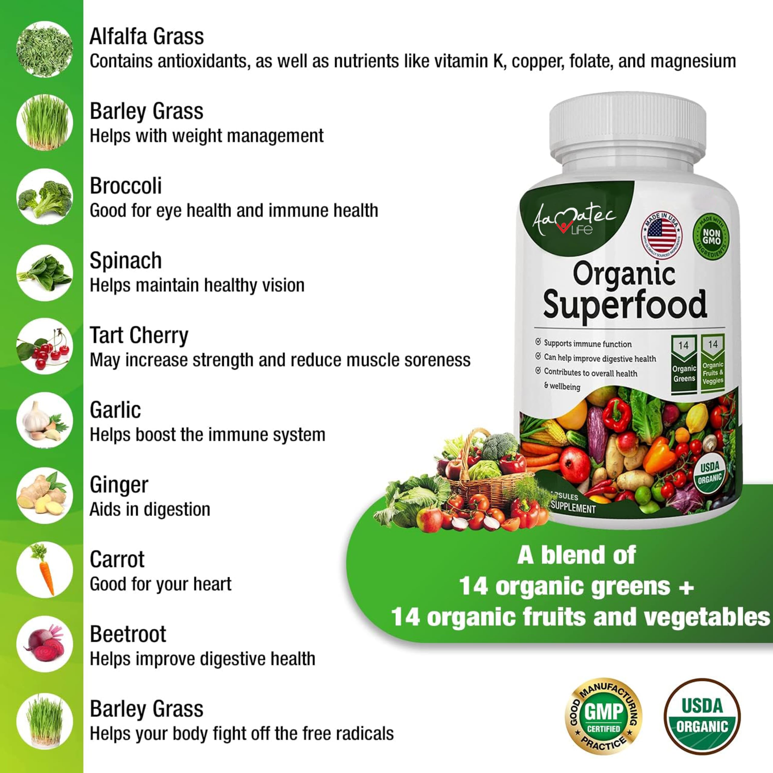 AAMATEC LIFE Organic Superfood alfalfa ingredient close-up emphasizes plant-based origin
