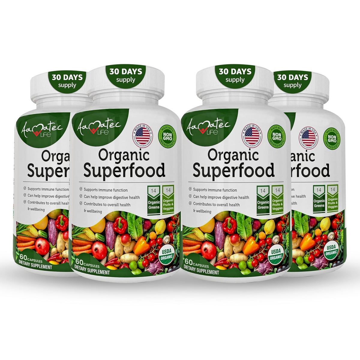 AAMATEC LIFE Organic Superfood Greens bottle front for daily wellness support