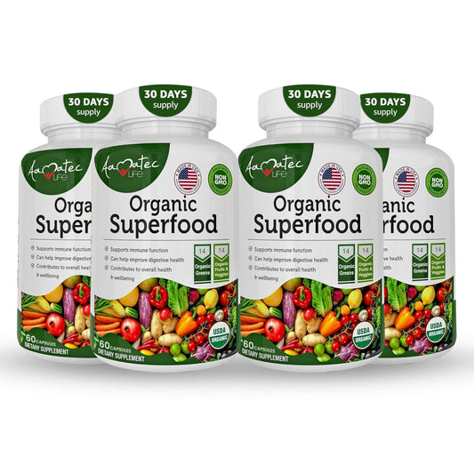 AAMATEC LIFE Organic Superfood Greens bottle front for daily wellness support