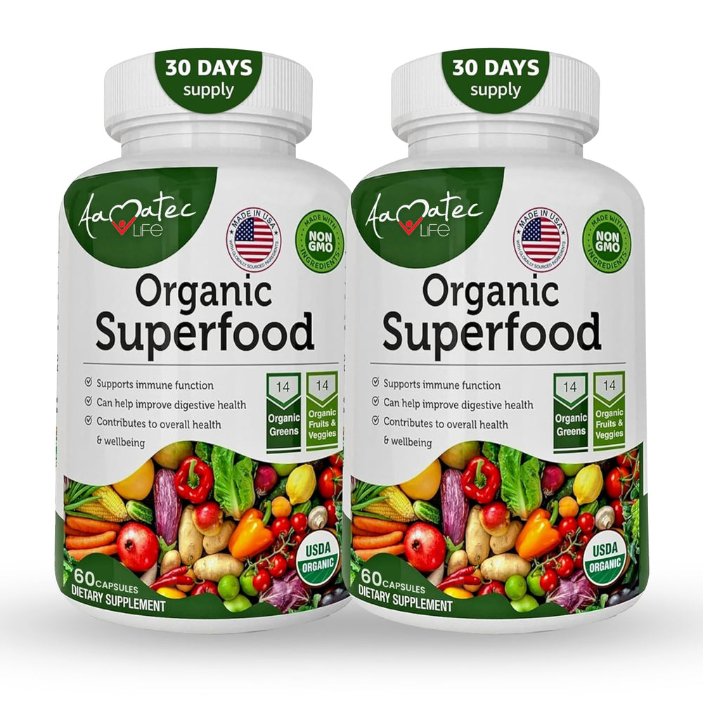 AAMATEC LIFE organic superfood greens bottle for daily wellness.