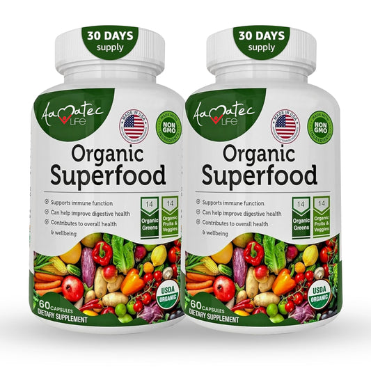 AAMATEC LIFE organic superfood greens bottle for daily wellness.