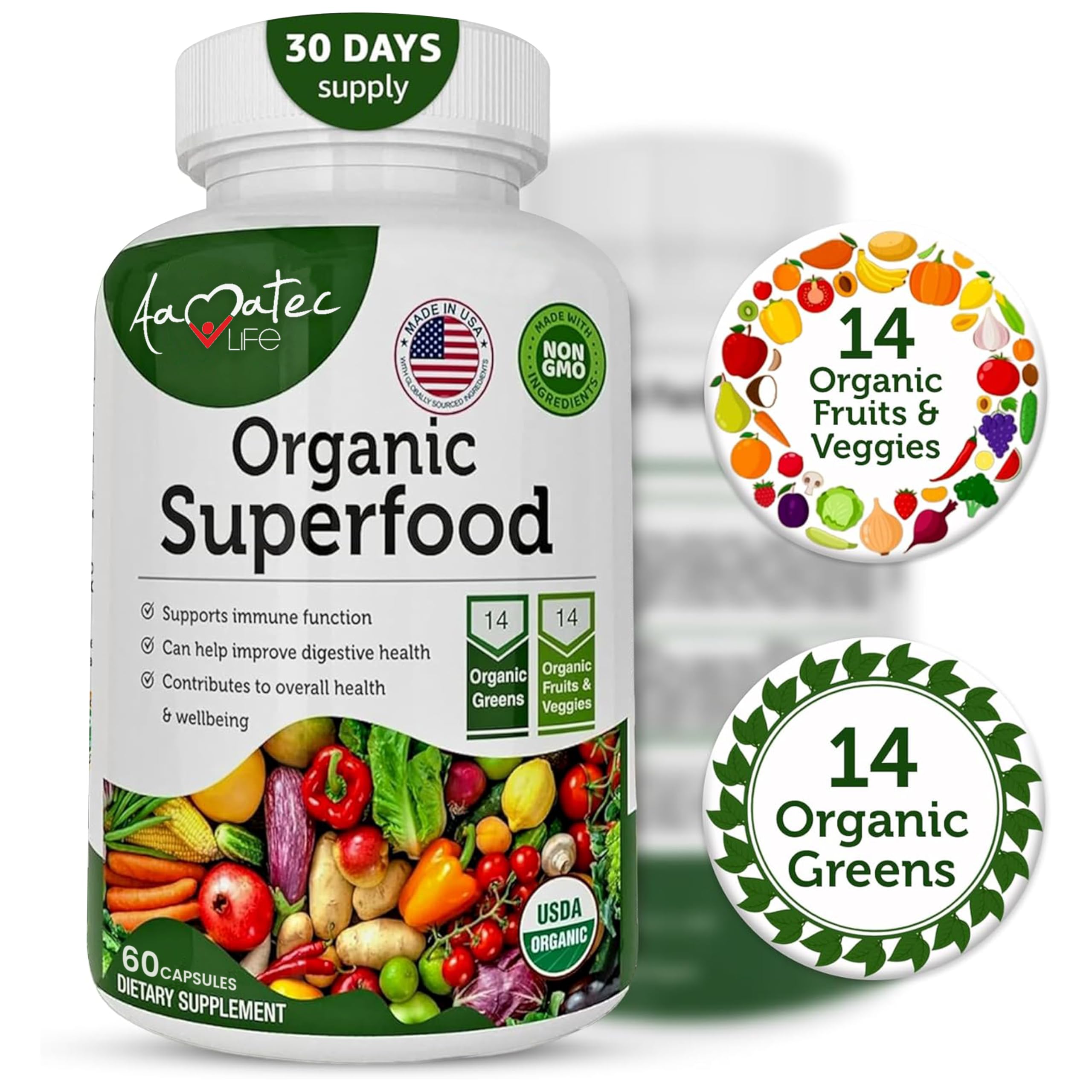 AAMATEC LIFE Organic Superfood packaging box shows organic claim and GMP-certified quality