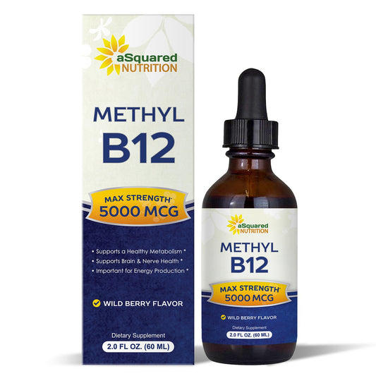 aSquared Nutrition B12 drops bottle highlighting high potency methylcobalamin for energy support