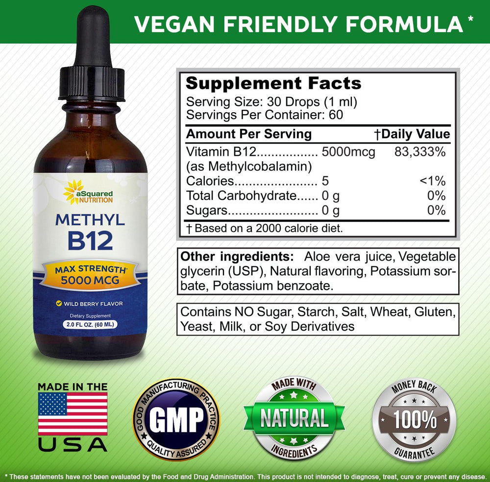 aSquared Nutrition B12 drops label with vegan and gluten-free notes