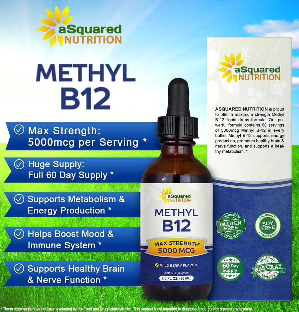 aSquared Nutrition B12 drops pour showing convenient dosing