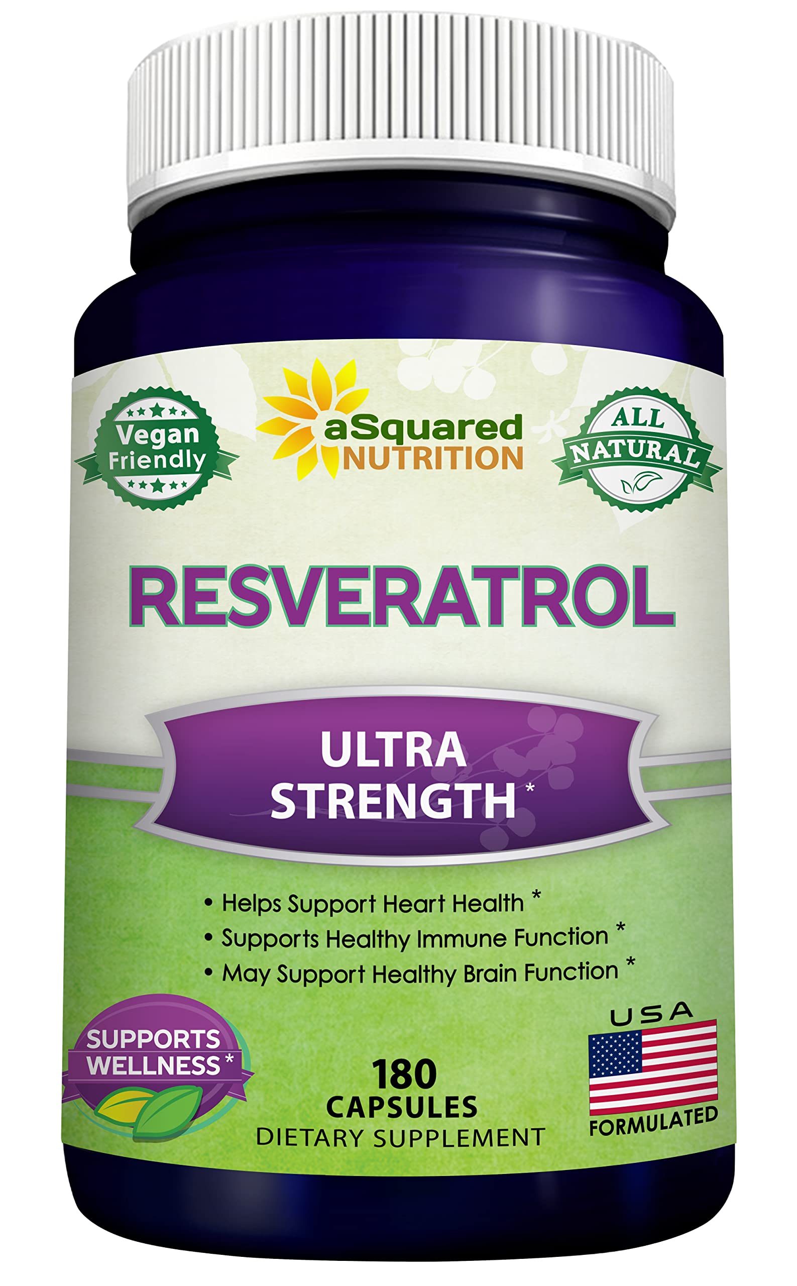 aSquared Nutrition Resveratrol bottle front showing max strength 1000mg per serving for daily support