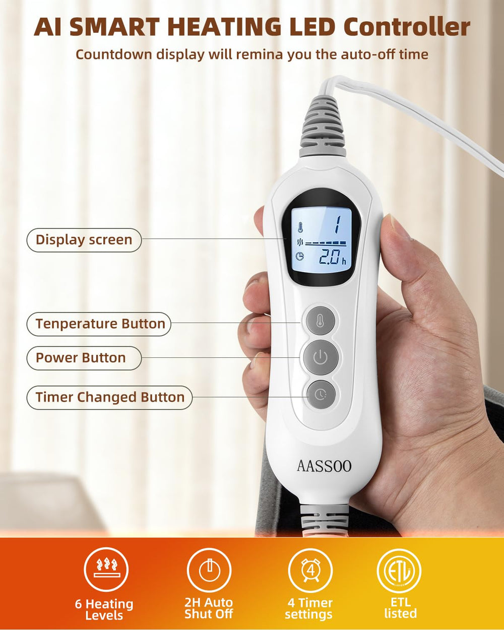 Aassoo AI-smart control panel adjusts heat settings for personalized comfort.