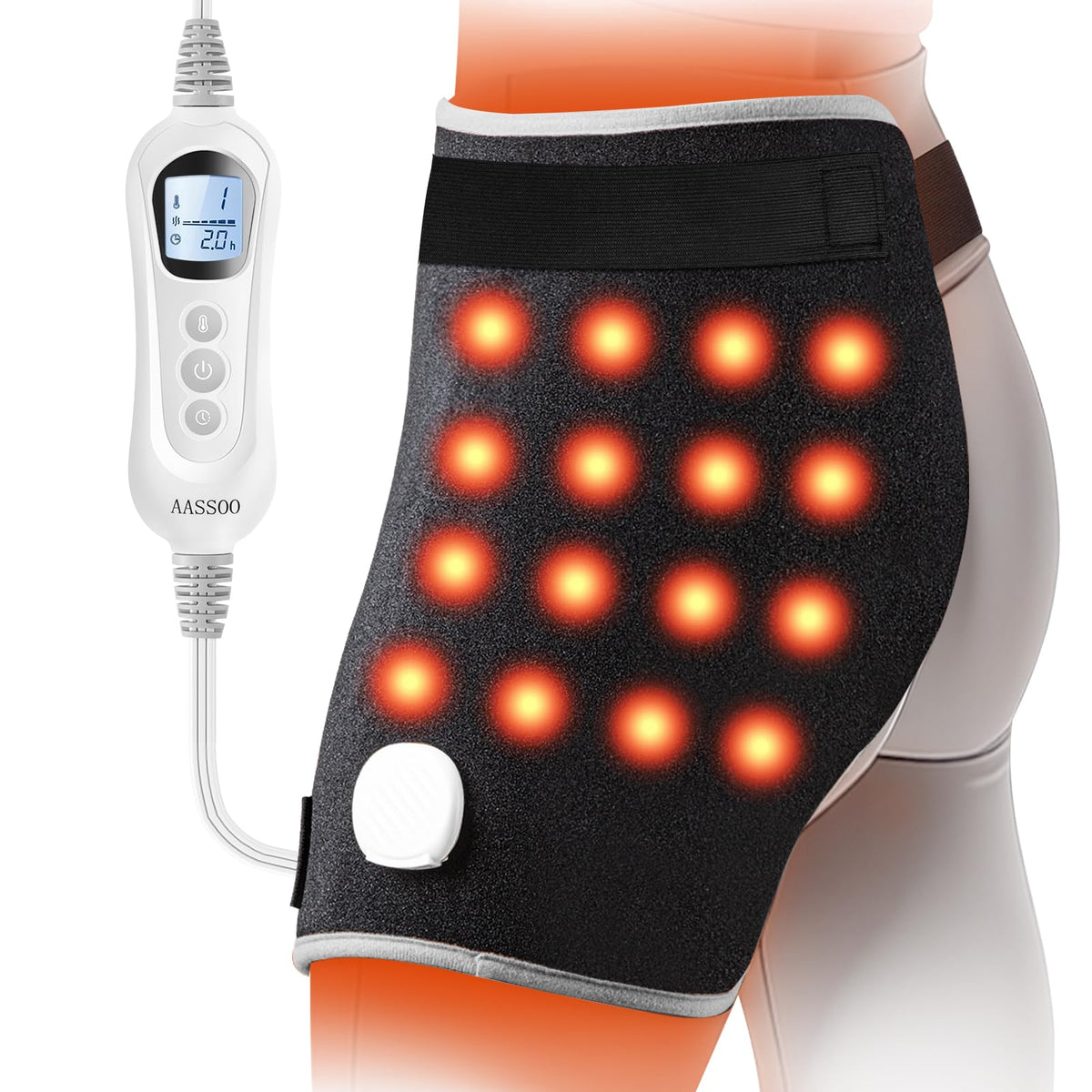 Aassoo graphene heating pad wrapped around the hip for targeted warmth.